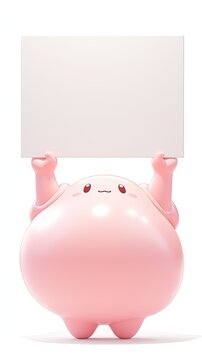 pink kawaii gello blob with hands and arms holding a white blank sign above head, isolated on white background, unreal engine, - generated AI