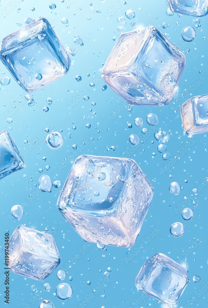 Poster transparent ice cubes floating in a clear blue background with bubbles, creating a refreshing and co