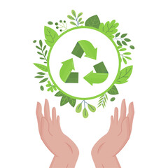 Illustration vectorielle de mains ouvertes tenant une bulle avec le symbole de recyclage, entourée d'éléments végétaux tels que des feuilles