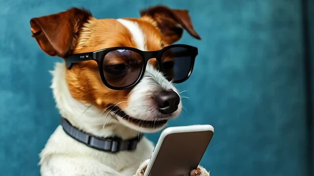 Cool Dog Using Smartphone: A charming Jack Russell Terrier, sporting trendy black sunglasses, is engrossed in using a smartphone, showcasing a humorous and relatable scene.  