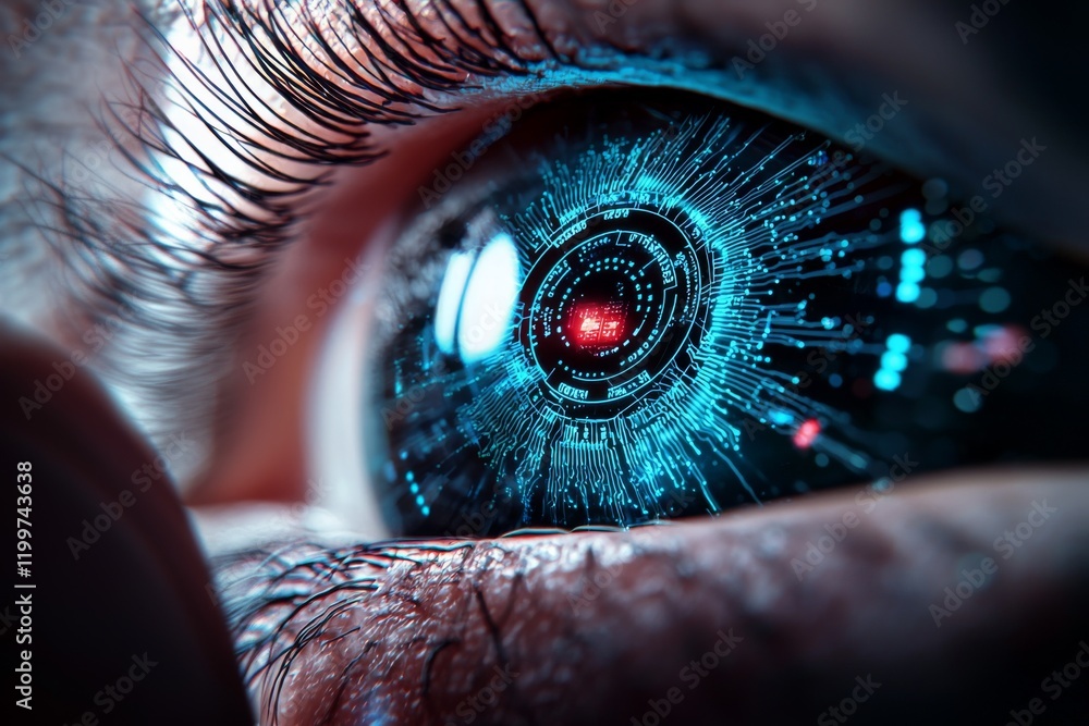 Poster futuristic human eye with digital patterns and light effects representing advanced technology concep