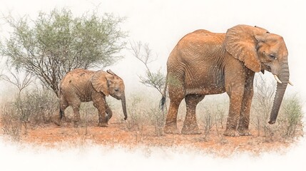 Majestic Elephants Walking Through Dusty Landscape in Nature