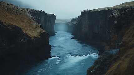 Obraz premium Misty River Flows Through Dark Canyon Walls