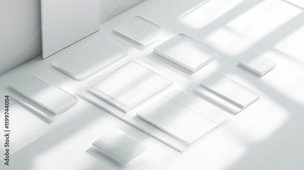 Poster modern web interface layout with clean white backdrop and subtle shadows featuring modular ui elemen