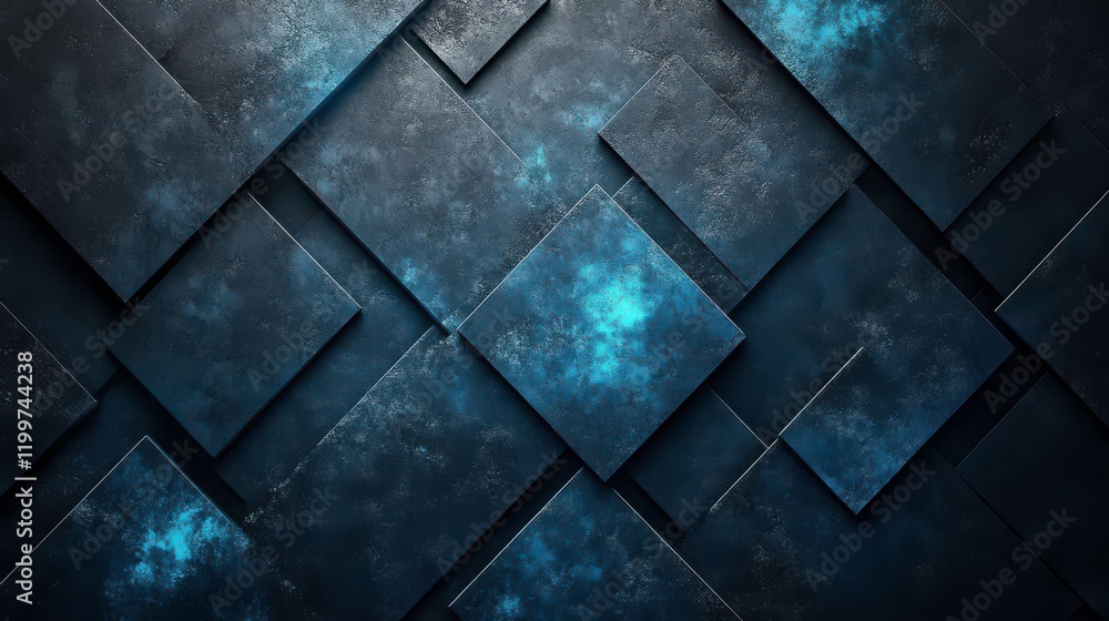 Poster a textured, geometric pattern of overlapping dark squares with blue highlights, creating a modern an