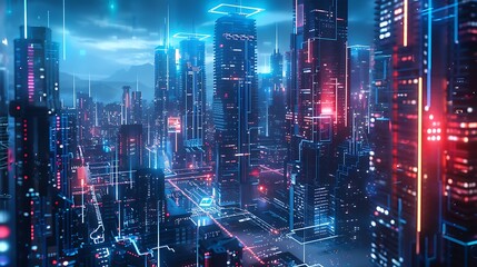 Digital cityscape with glowing lights and reflections, showcasing modern urban architecture
