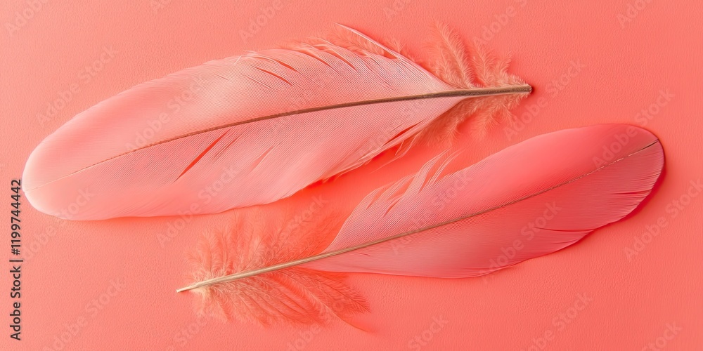 Poster pair of small bird feathers arranged neatly on matte coral background