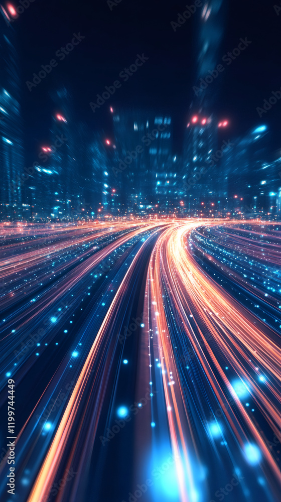 Poster Light trails and blurred city lights creating a futuristic cityscape representing fast data transmission in a smart city