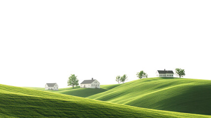 Obraz premium Scenic view of rolling green hills with peaceful houses nestled among trees under a clear sky.