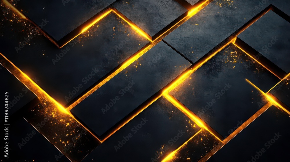 Poster a sleek, dark surface with illuminated golden lines creating a geometric pattern, suggesting a moder