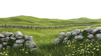 A serene landscape featuring stone walls and lush green fields under a blue sky, evoking tranquility and natural beauty.