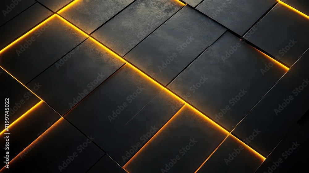 Poster a close-up view of dark tiles illuminated by glowing orange lines, creating a modern and sleek aesth