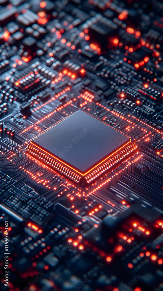 Poster Close-up of a cpu processing data on a motherboard, with red lights glowing, representing the concept of computing and technology