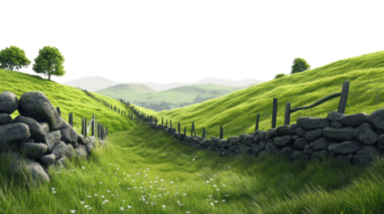 Beautiful green countryside with rolling hills, stone walls, and a serene pathway nestled between lush meadows under a clear blue sky.