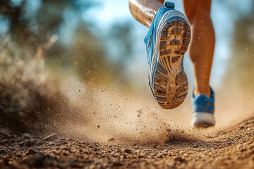 Close-up of man trail running shoes on dusty path, blurred motion background with sharp focus on the sole and dirt particles.	