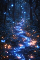 Magical forest path, glowing butterflies, blue lights.