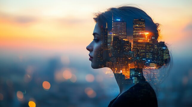 A double exposure potrait of a model with reflection of city lights