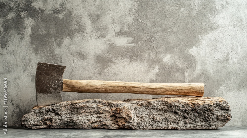Poster rustic axe with wooden handle rests on a weathered log against a textured wall.