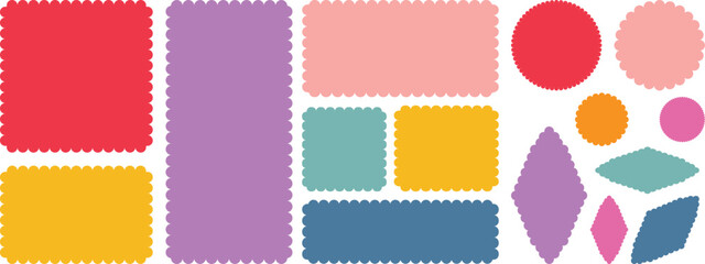 Color rectangle frames with wiggly borders. Rectangle shape frame with zigzag edge. Geometric shapes with scallop and zigzag edges set. Silhouette stickers circle, square, oval and rectangle labels.