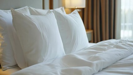 Elegant white bedding invites relaxation with fluffy pillows and plush comforters in a serene hotel bedroom filled with natural light