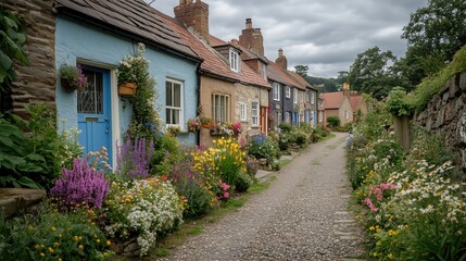 Obraz premium Row of houses with front gardens and flowers - generated AI