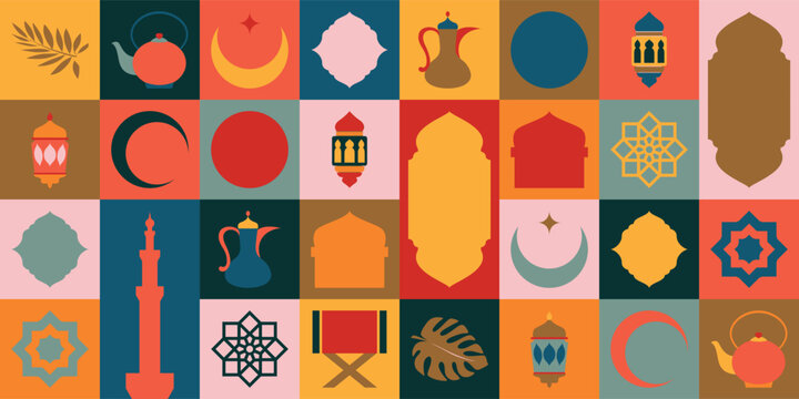 A collection of flat icons representing Muslim culture in a minimalist design style. Each icon is crafted with clean lines and a harmonious color palette