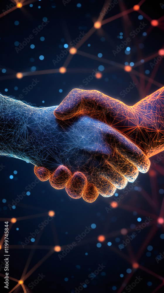 Aufkleber two futuristic polygonal hands shaking in a technological background representing agreement and part