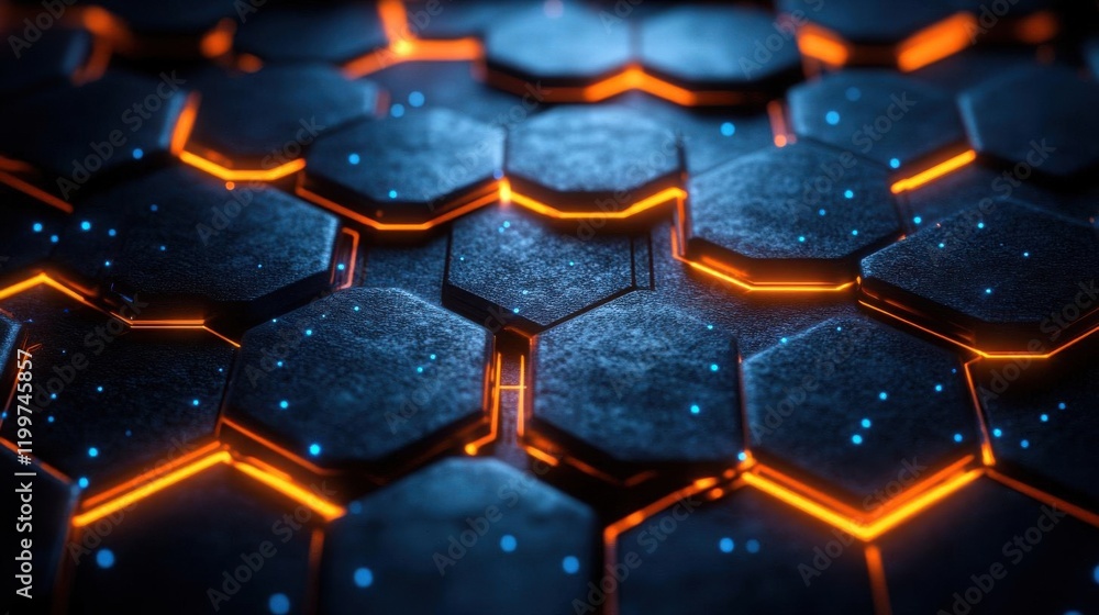 Poster a close-up of hexagonal tiles illuminated by orange light, creating a futuristic and dynamic surface