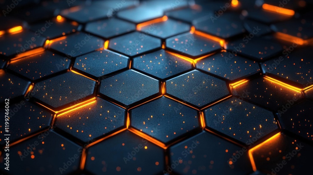 Poster a close-up of a hexagonal patterned surface illuminated by glowing orange lines, creating a futurist