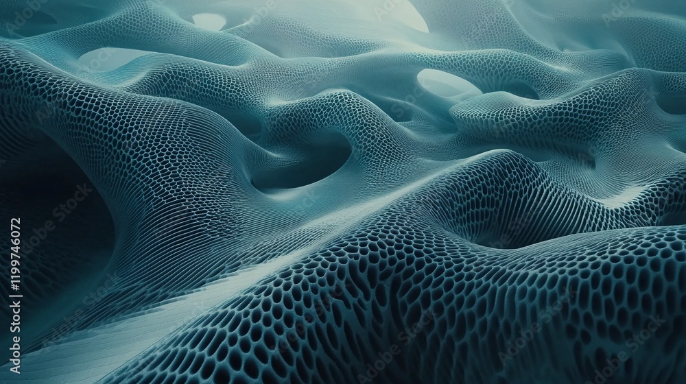 Poster luminous sound waves forming intricate organic patterns in a surreal abstract setting.