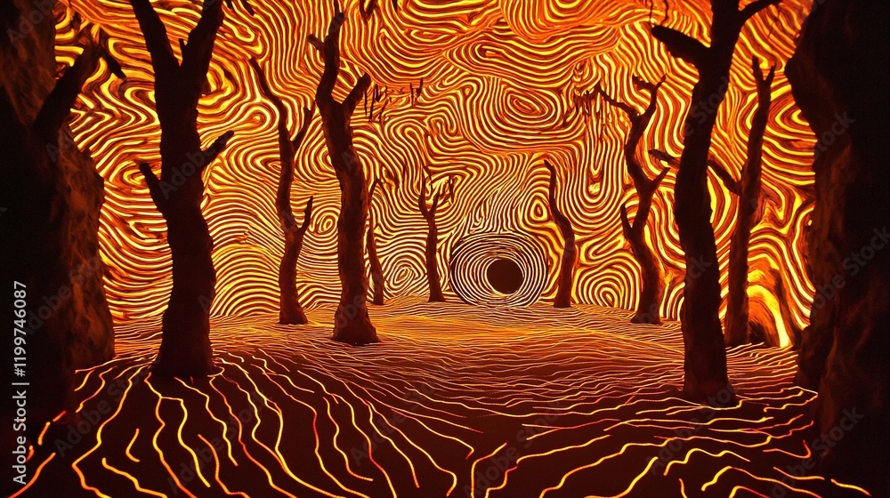 Poster luminous sound waves forming intricate organic patterns in a surreal abstract setting.