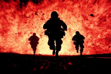 Three soldiers run through a fiery explosion, their silhouettes stark against the intense orange and red flames.  A dramatic scene of action and intensity.