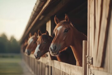 Fototapeta premium Four horses peek out from a rustic barn, illuminated by soft sunlight, showcasing their curiosity and friendly demeanor.