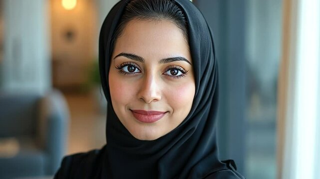 Confident and Inspiring:  A beautiful woman in a hijab smiles warmly, exuding confidence and grace. Her eyes hold a depth of intelligence and warmth, inviting connection and understanding.  