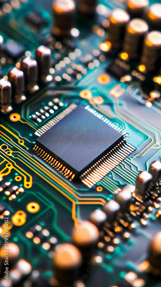 Poster close-up of a modern electronic circuit board featuring a prominent microchip, surrounded by various
