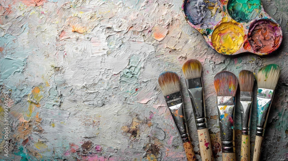 Poster a captivating arrangement showcases a collection of paintbrushes resting on a textured surface, besi