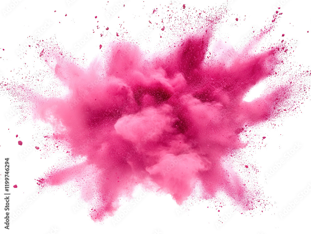 Poster pink powder explosion creating colorful cloud on black background with dynamic particles and texture