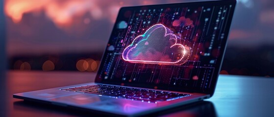 Laptop with the image of a cloud on the screen symbolizing cloud technologies. Suitable for IT blogs, cybersecurity sites and online stores.