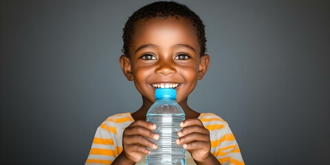 A smiling young child holds a water bottle, showcasing a joyful expression against a neutral background. Concept Child's Joyful Expression, Water Bottle Fun, Neutral Background Photography