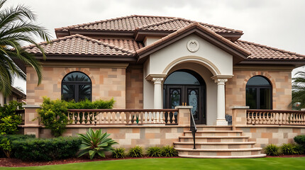 Obraz premium Mediterranean-Style Luxury Home with Stunning Facade and Landscaped Garden