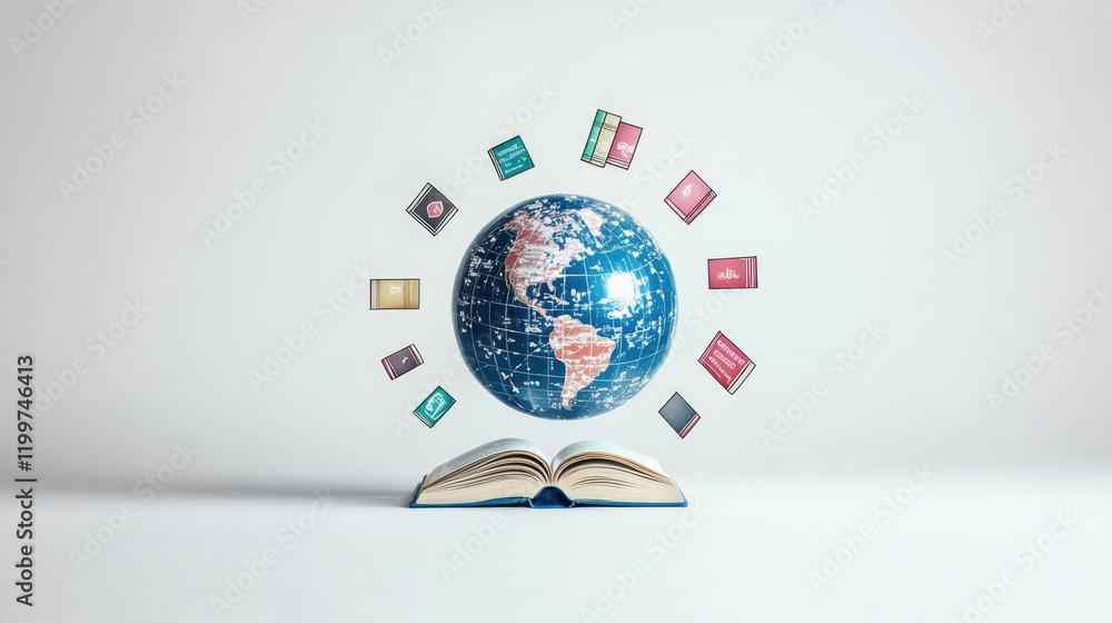 Aufkleber simple depiction of globe with book icons orbiting it placed centrally on smooth white background