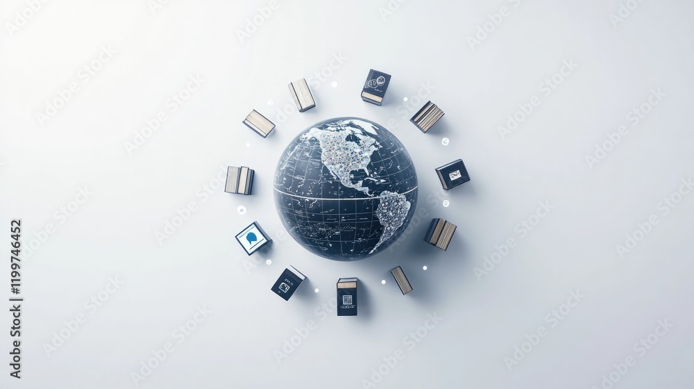 Aufkleber simple depiction of globe with book icons orbiting it placed centrally on smooth white background