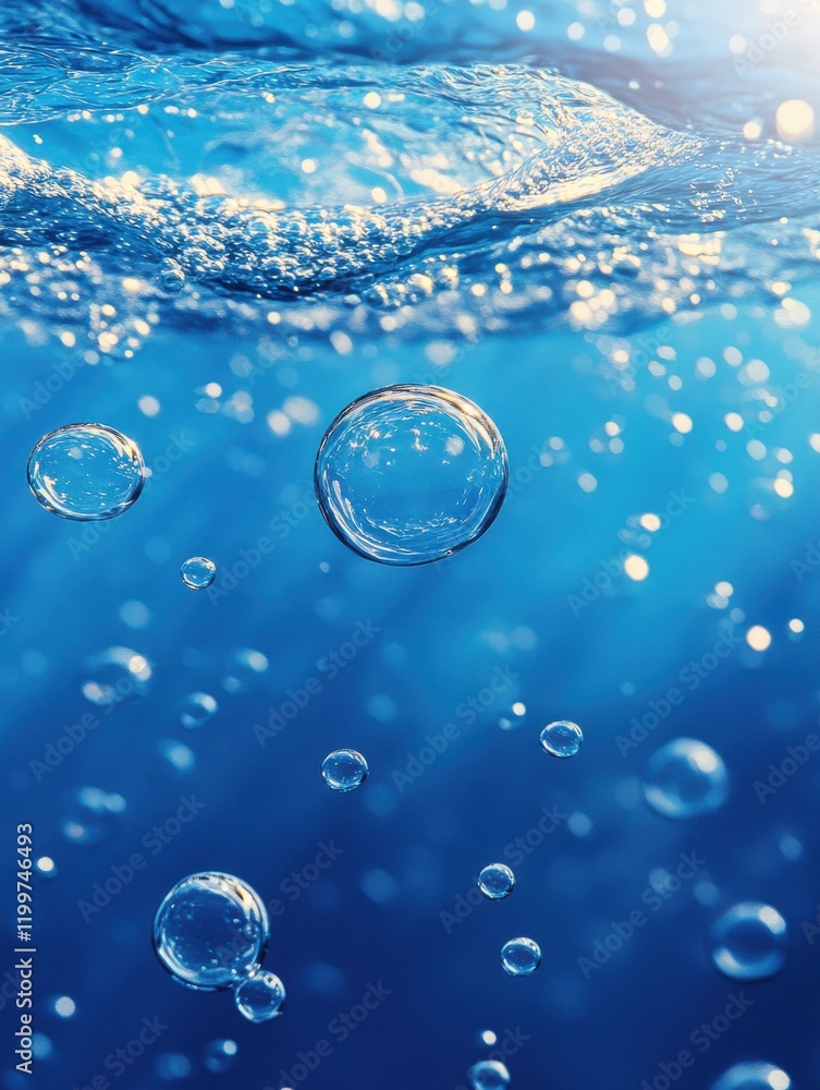 Poster underwater bubbles rising through clear blue ocean water surface with sunlight reflections creating 