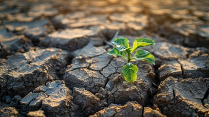 A young sprout poking through cracks in the arid earth. Suitable for motivational posters, environmental campaigns and nature article illustrations.