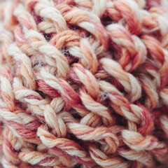 Knitted texture of yarn detail in coral pink and beige color close up