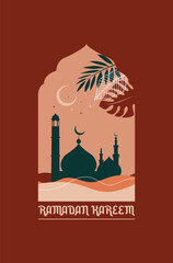 Minimalistic Ramadan poster featuring a flat-design mosque illustration in soft pastel colors. The mosque is adorned with simple geometric shapes and a crescent moon above, symbolizing the holy month.