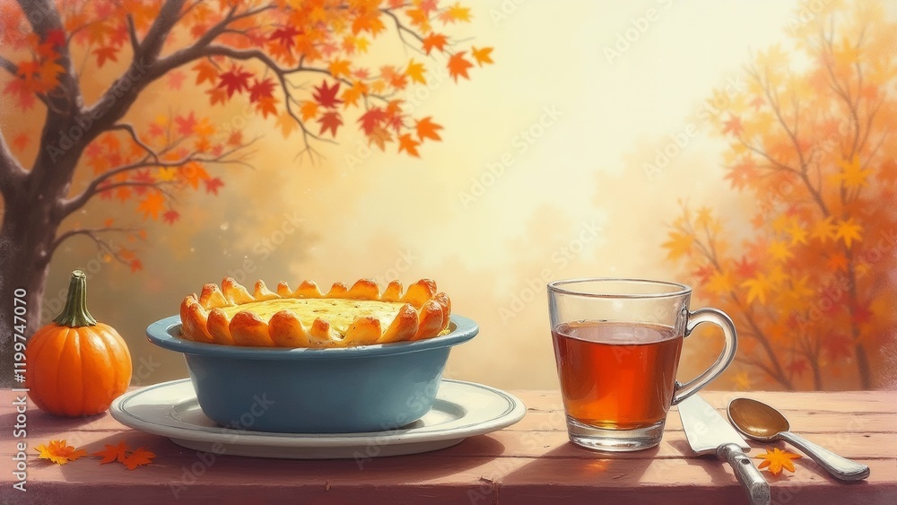 Poster the image is a digital illustration of a table setting with a pie and a cup of tea. the table is cov