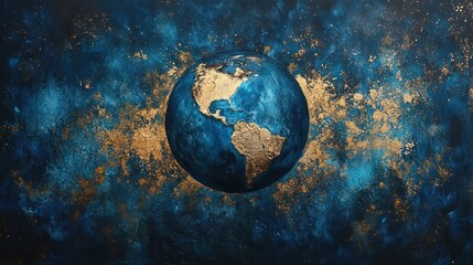 Blue gold earth globe cosmic space background.