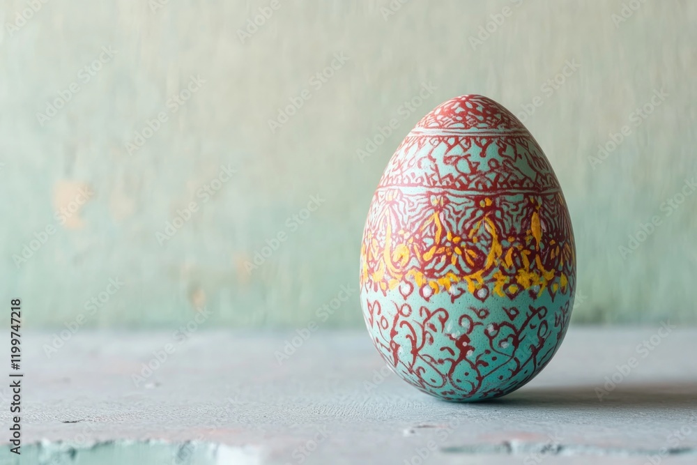 Poster single painted egg with intricate patterns resting on pale mint surface