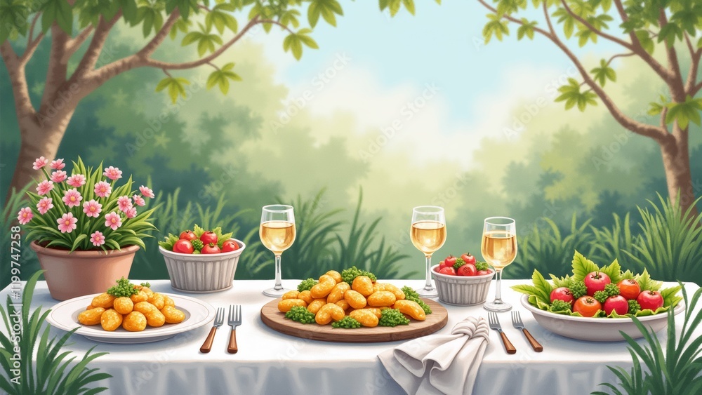 Poster the image shows a table set up in a garden with a beautiful view of trees and greenery. the table is